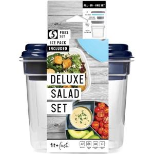 imageFit ampamp Fresh 216HL Entree Set with Ice Pack 3 Reusable Portion Control Containers BPAFree MicrowaveDishwasher Safe Lunch Box Entre BlueDeluxe Salad Shaker w Ice Pack  Navy