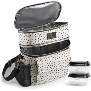 imageFit ampamp Fresh Foundry Dual Compartment Lunch Bag For Adults Insulated Extra Large Lunchbox For Meal Prep With Matching Containers Front Pocket Adjustable Strap SteelTaupe and Black Dot