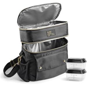 imageFit ampamp Fresh Foundry Dual Compartment Lunch Bag For Adults Insulated Extra Large Lunchbox For Meal Prep With Matching Containers Front Pocket Adjustable Strap SteelBlack