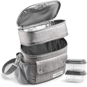 imageFit ampamp Fresh Foundry Dual Compartment Lunch Bag For Adults Insulated Extra Large Lunchbox For Meal Prep With Matching Containers Front Pocket Adjustable Strap SteelGray