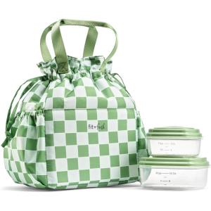 imageFit ampamp Fresh Cromwell Drawstring Lunch Bag for Women Complete Lunch Set with 2 Containers StainResistant LeakResistant Back to School Essential Teacher Lunchbox Black CheetahGreen