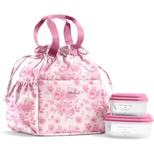 imageFit ampamp Fresh Cromwell Drawstring Lunch Bag for Women Complete Lunch Set with 2 Containers StainResistant LeakResistant Back to School Essential Teacher Lunchbox Black CheetahPink Floral Toile