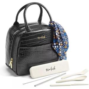 imageFit ampamp Fresh Lyon Luxe Lunch Bag For Women Insulated Womens Lunch Bag For Work Leakproof ampamp StainResistant Large Lunch Box For Women Faux Croc Leather BlackLyon Black