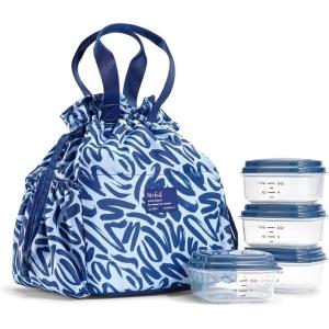 imageFit ampamp Fresh Cromwell Drawstring Lunch Bag for Women Complete Lunch Set with 2 Containers StainResistant LeakResistant Back to School Essential Teacher Lunchbox LemonsNavy Brush Strokes