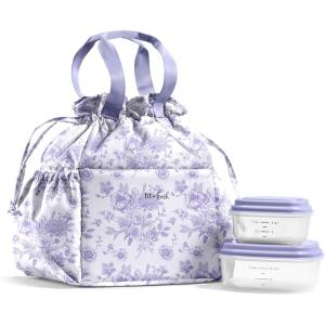 imageFit ampamp Fresh Cromwell Drawstring Lunch Bag for Women Complete Lunch Set with 2 Containers StainResistant LeakResistant Back to School Essential Teacher Lunchbox LemonsPurple Floral Toile
