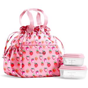 imageFit ampamp Fresh Cromwell Drawstring Lunch Bag for Women Complete Lunch Set with 2 Containers StainResistant LeakResistant Back to School Essential Teacher Lunchbox LemonsPink Strawberries