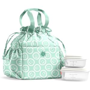 imageFit ampamp Fresh Cromwell Drawstring Lunch Bag for Women Complete Lunch Set with 2 Containers StainResistant LeakResistant Back to School Essential Teacher Lunchbox LemonsMint Smiles