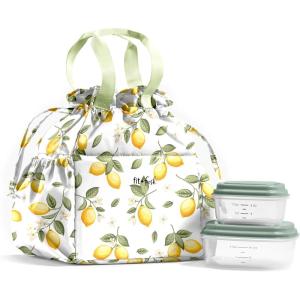 imageFit ampamp Fresh Cromwell Drawstring Lunch Bag for Women Complete Lunch Set with 2 Containers StainResistant LeakResistant Back to School Essential Teacher Lunchbox LemonsYellow Lemons