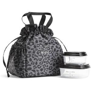 imageFit ampamp Fresh Cromwell Drawstring Lunch Bag for Women Complete Lunch Set with 2 Containers StainResistant LeakResistant Back to School Essential Teacher Lunchbox LemonsBlack Cheetah