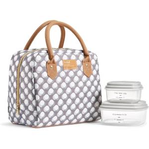 imageFit ampamp Fresh Bloomington Lunch Bag for Women  Insulated Large Lunch Box for Work with Containers LeakResistant StainResistant Zipper Closure Mocha Feline FineGrey Dot