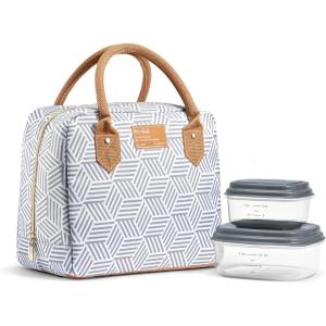 imageFit ampamp Fresh Bloomington Lunch Bag for Women  Insulated Large Lunch Box for Work with Containers LeakResistant StainResistant Zipper Closure Mocha Feline FineGray Seaport Geo
