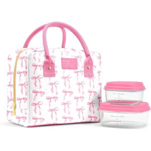 image:imageFit amp Fresh Bloomington Lunch Bag for Women  Insulated Large Lunch Box for Work with Containers LeakResistant StainResistant Zipper Closure Pink Dainty BowsPink Bows