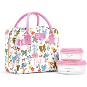 image:imageFit amp Fresh Bloomington Lunch Bag for Women  Insulated Large Lunch Box for Work with Containers LeakResistant StainResistant Zipper Closure Pink Dainty BowsColorful Bows  Flowers