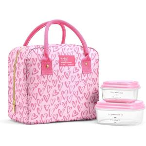 image:imageFit amp Fresh Bloomington Lunch Bag for Women  Insulated Large Lunch Box for Work with Containers LeakResistant StainResistant Zipper Closure Pink Dainty BowsPink Doodle Hearts