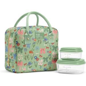 image:imageFit amp Fresh Bloomington Lunch Bag for Women  Insulated Large Lunch Box for Work with Containers LeakResistant StainResistant Zipper Closure Pink Dainty BowsSage Bows  Flowers