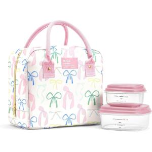 image:imageFit amp Fresh Bloomington Lunch Bag for Women  Insulated Large Lunch Box for Work with Containers LeakResistant StainResistant Zipper Closure Pink Dainty BowsPink Dainty Bows