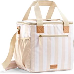 image:imageFit amp Fresh 24Can Soft Cooler Bag Insulated Leak Resistant Portable Soft Sided Bag for Travel Pink GinghamPina Colada Taupe Ivory Stripe
