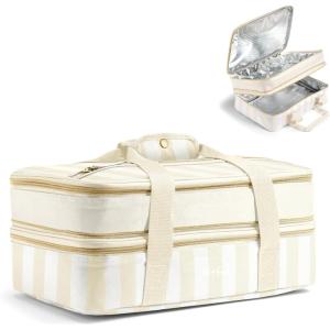 image:imageFit amp Fresh Insulated Casserole Carrier  Double Decker Food Carrier Fits Two 9x13 Dishes Expandable Hot amp Cold Food Transport Bag with Zipper Pocket for Potluck Easter amp Travel Taupe StripePina Colada Stripe