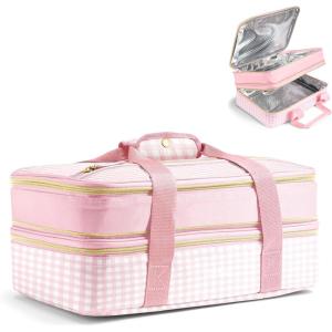 image:imageFit amp Fresh Insulated Casserole Carrier  Double Decker Food Carrier Fits Two 9x13 Dishes Expandable Hot amp Cold Food Transport Bag with Zipper Pocket for Potluck Easter amp Travel Taupe StripePink Gingham