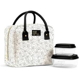 image:imageFit amp Fresh Bloomington Lunch Bag for Women  Insulated Large Lunch Box for Work with Containers LeakResistant StainResistant Zipper Closure Thick Stripe SageBlack Sketched Bows