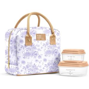 image:imageFit amp Fresh Bloomington Lunch Bag for Women  Insulated Large Lunch Box for Work with Containers LeakResistant StainResistant Zipper Closure Thick Stripe SageLavender Toile