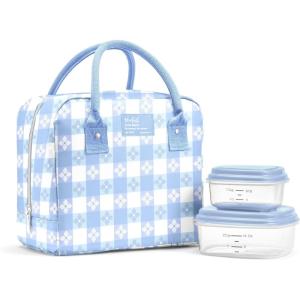 image:imageFit amp Fresh Bloomington Lunch Bag for Women  Insulated Large Lunch Box for Work with Containers LeakResistant StainResistant Zipper Closure Thick Stripe SageCornflower Blue Picnic