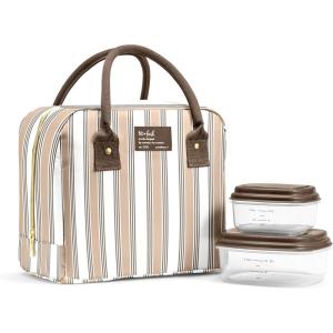 image:imageFit amp Fresh Bloomington Lunch Bag for Women  Insulated Large Lunch Box for Work with Containers LeakResistant StainResistant Zipper Closure Thick Stripe SageTaupe Stripe