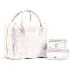 image:imageFit amp Fresh Bloomington Lunch Bag for Women  Insulated Large Lunch Box for Work with Containers LeakResistant StainResistant Zipper Closure Thick Stripe SageFeline Fine Ivory