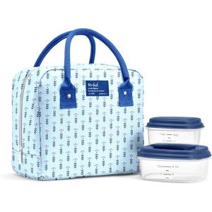 image:imageFit amp Fresh Bloomington Lunch Bag for Women  Insulated Large Lunch Box for Work with Containers LeakResistant StainResistant Zipper Closure Thick Stripe SageTiny Blue Flowers
