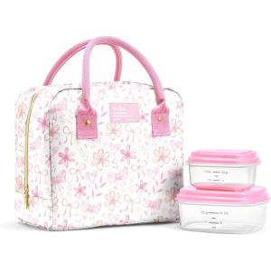 image:imageFit amp Fresh Bloomington Lunch Bag for Women  Insulated Large Lunch Box for Work with Containers LeakResistant StainResistant Zipper Closure Thick Stripe SageSweet Floral Bows