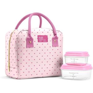 image:imageFit amp Fresh Bloomington Lunch Bag for Women  Insulated Large Lunch Box for Work with Containers LeakResistant StainResistant Zipper Closure Thick Stripe SageTiny Pink Hearts
