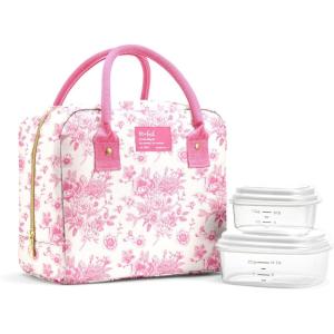 image:imageFit amp Fresh Bloomington Lunch Bag for Women  Insulated Large Lunch Box for Work with Containers LeakResistant StainResistant Zipper Closure Thick Stripe SagePink Toile
