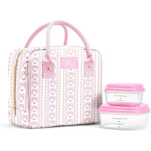 image:imageFit amp Fresh Bloomington Lunch Bag for Women  Insulated Large Lunch Box for Work with Containers LeakResistant StainResistant Zipper Closure Thick Stripe SagePink Wallpaper Bows