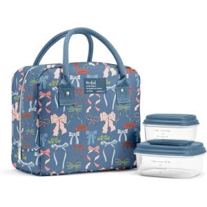 image:imageFit amp Fresh Bloomington Lunch Bag for Women  Insulated Large Lunch Box for Work with Containers LeakResistant StainResistant Zipper Closure Thick Stripe SageDenim Bows