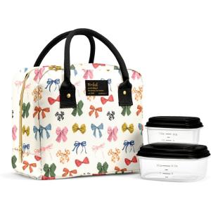 image:imageFit amp Fresh Bloomington Lunch Bag for Women  Insulated Large Lunch Box for Work with Containers LeakResistant StainResistant Zipper Closure Thick Stripe SageFall Bows