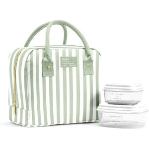 image:imageFit amp Fresh Bloomington Lunch Bag for Women  Insulated Large Lunch Box for Work with Containers LeakResistant StainResistant Zipper Closure Thick Stripe SageThick Stripe Sage