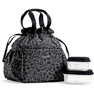 image:imageFit amp Fresh Cromwell Drawstring Lunch Bag for Women Complete Lunch Set with 2 Containers StainResistant LeakResistant Teacher Lunchbox Pink Dainty FlowersBlack Cheetah