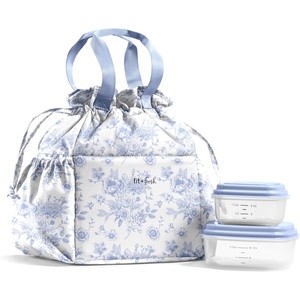 image:imageFit amp Fresh Cromwell Drawstring Lunch Bag for Women Complete Lunch Set with 2 Containers StainResistant LeakResistant Teacher Lunchbox Pink Dainty FlowersBlue Floral Toile