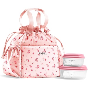 image:imageFit amp Fresh Cromwell Drawstring Lunch Bag for Women Complete Lunch Set with 2 Containers StainResistant LeakResistant Teacher Lunchbox Pink Dainty FlowersPink Dainty Flowers