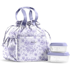 image:imageFit amp Fresh Cromwell Drawstring Lunch Bag for Women Complete Lunch Set with 2 Containers StainResistant LeakResistant Teacher Lunchbox Pink Dainty FlowersPurple Floral Toile