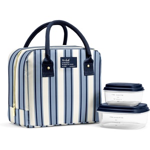 image:imageFit amp Fresh Bloomington Lunch Bag for Women  Insulated Large Lunch Box for Work with Containers LeakResistant Gingham TanBlue Chunky Stripe
