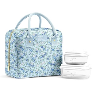 image:imageFit amp Fresh Bloomington Lunch Bag for Women  Insulated Large Lunch Box for Work with Containers LeakResistant Gingham TanBlue Ditsy Flowers