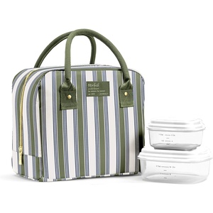 image:imageFit amp Fresh Bloomington Lunch Bag for Women  Insulated Large Lunch Box for Work with Containers LeakResistant Gingham TanOlive Green Ticking Stripe