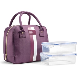 image:imageFit amp Fresh Bloomington Lunch Bag for Women  Insulated Large Lunch Box for Work with Containers LeakResistant Gingham TanPlum Stripe