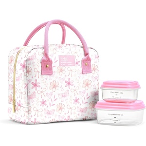 image:imageFit amp Fresh Bloomington Lunch Bag for Women  Insulated Large Lunch Box for Work with Containers LeakResistant Gingham TanSweet Floral Bows