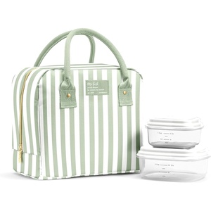image:imageFit amp Fresh Bloomington Lunch Bag for Women  Insulated Large Lunch Box for Work with Containers LeakResistant Gingham TanThick Stripe Sage