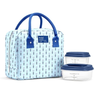 image:imageFit amp Fresh Bloomington Lunch Bag for Women  Insulated Large Lunch Box for Work with Containers LeakResistant Gingham TanTiny Blue Flowers